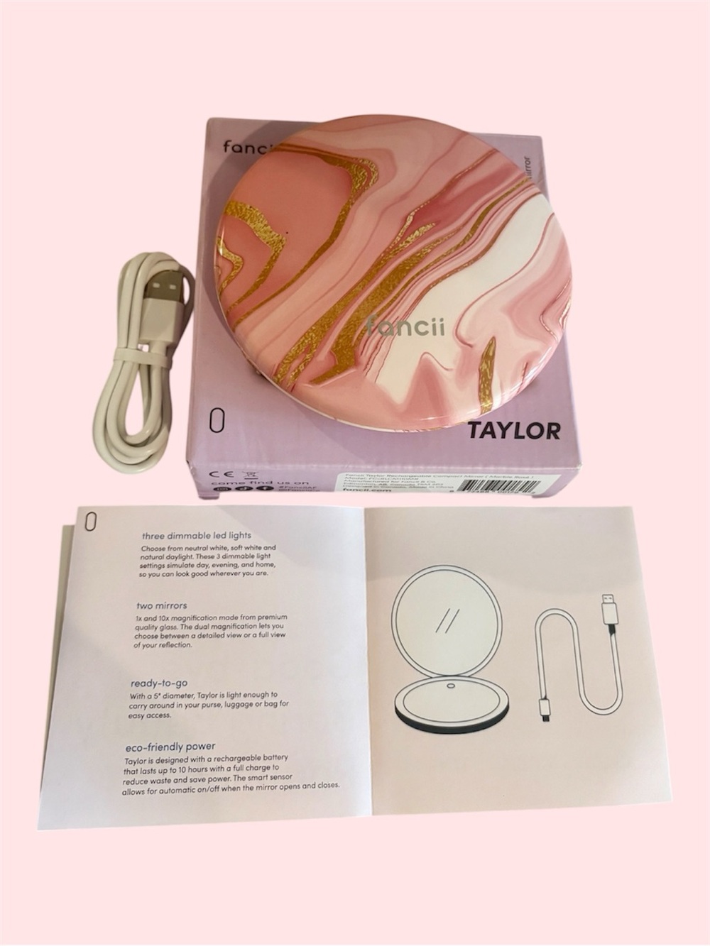 Fancii Taylor Pink Marble Rechargeable Compact Mirror
